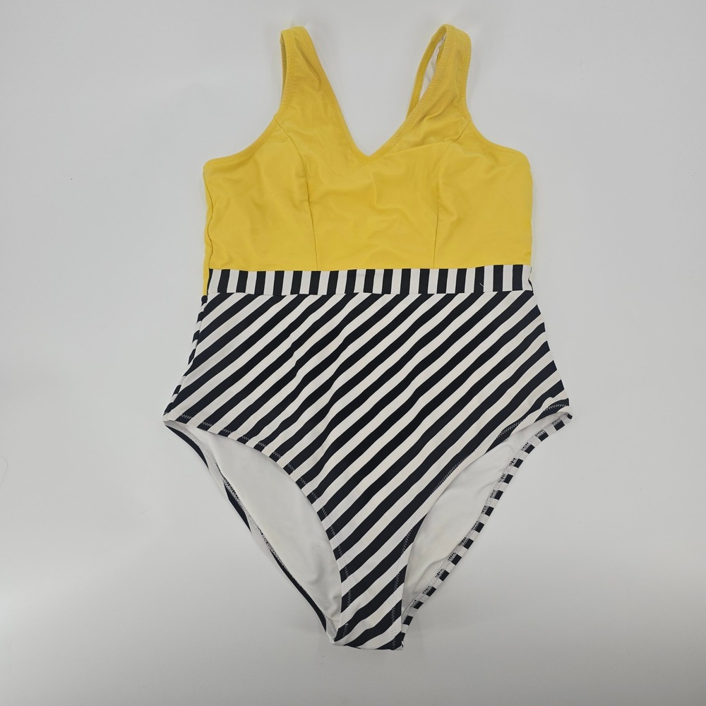 Yellow and‎ Striped Colorblock One Piece Swimsuit V-Neck Nautical Beachwear